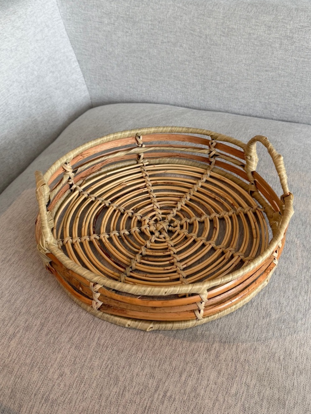 Woven Rattan Serving Tray with Handles – Boho/Vintage Style